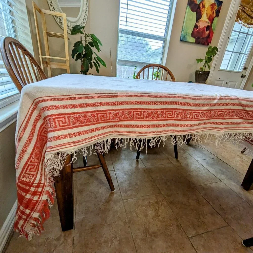 White & Red Linen Fringe Vintage Tablecloth